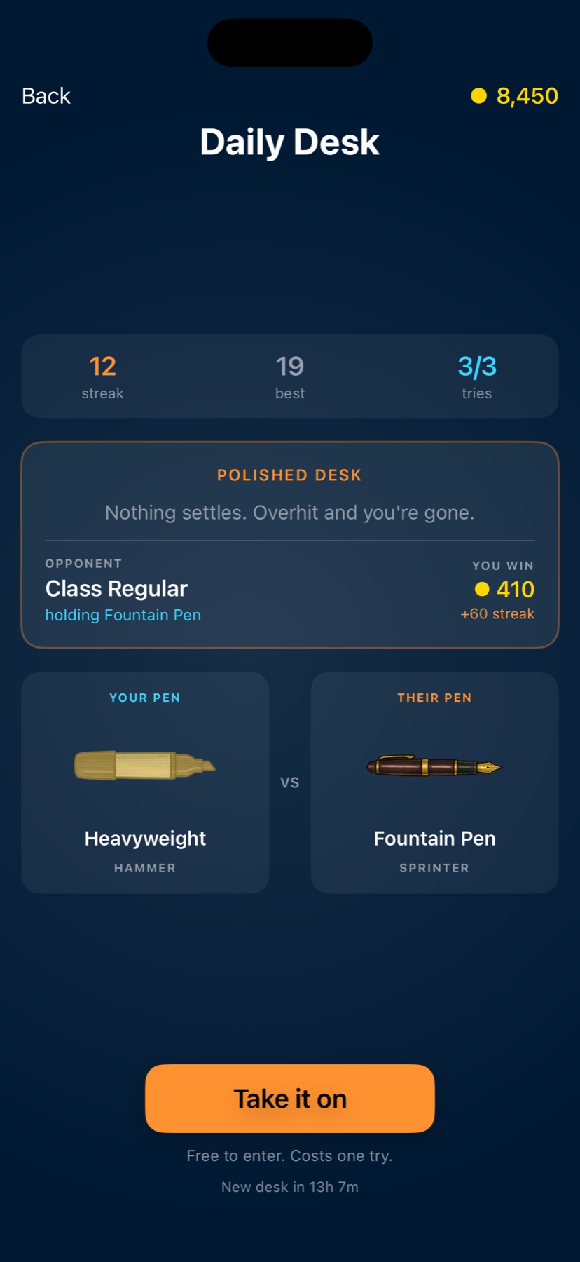 Weekly Desk challenge in Pen Fight, with streak, modifier, and this week's opponent