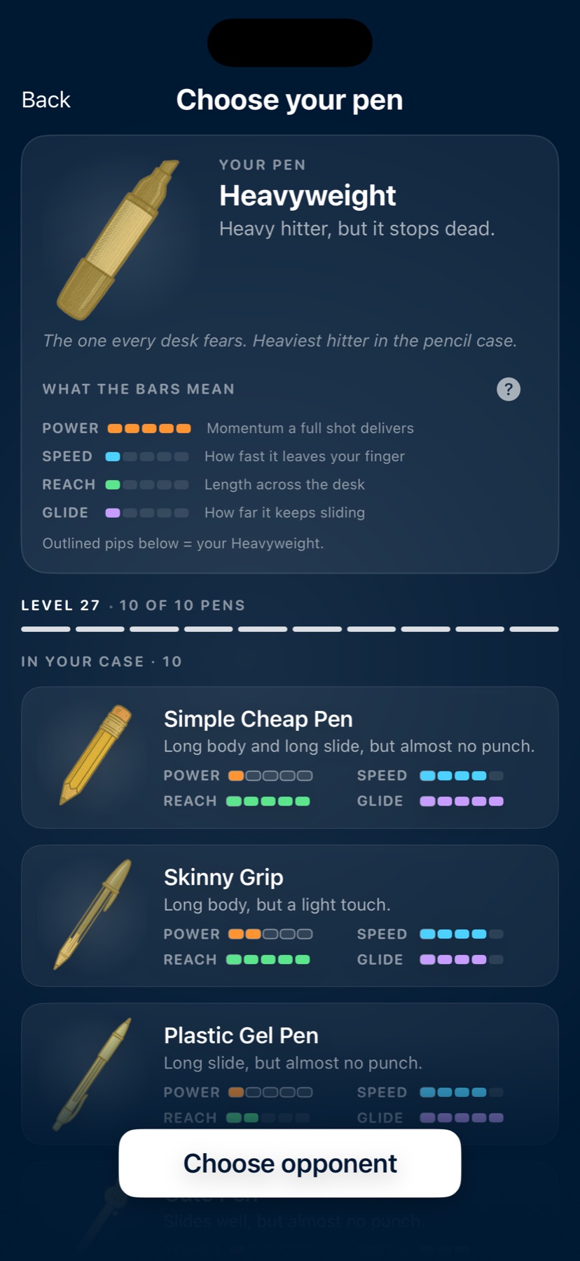 Choose your pen in Pen Fight: Flick Battle, with power speed reach and glide